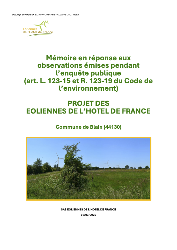 Page de garde du Mémoire de Réponse à l'Enquête Publique