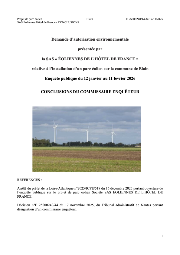 Page de garde des Conclusions du Commissaire Enquêteur