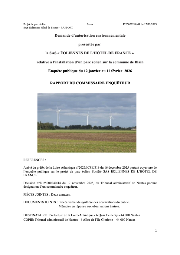 Page de garde du Rapport du Commissaire Enquêteur